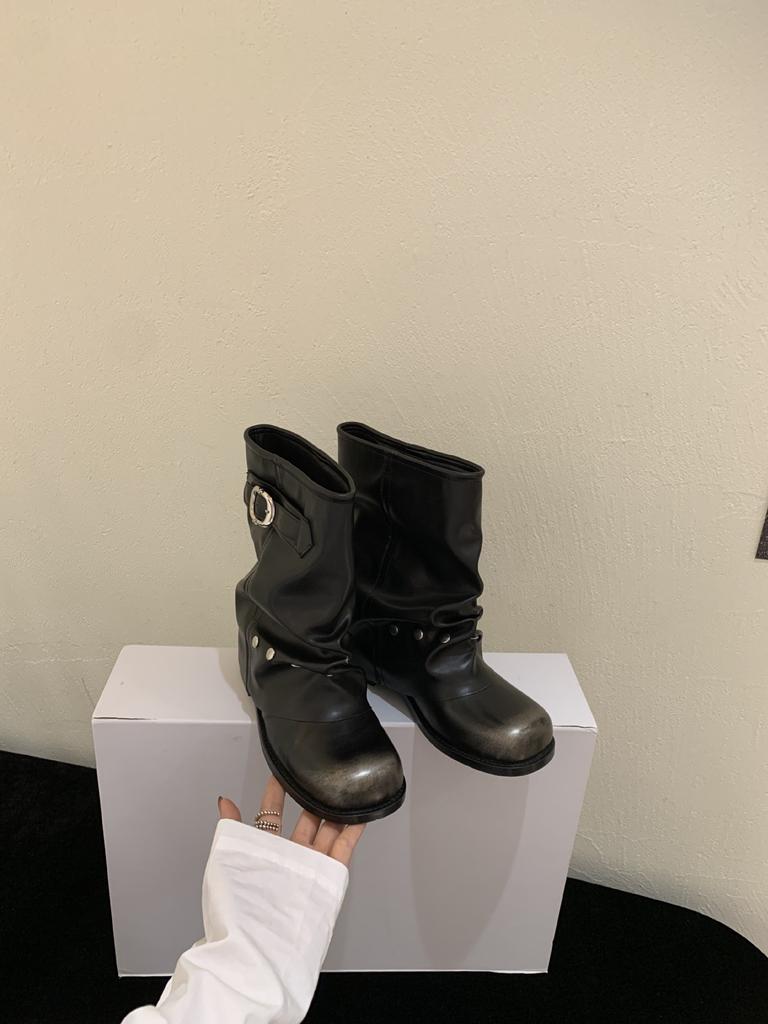 Coarse Heel Tube Pants Tube Martin Boots Women's Shoes 2025 New Thin Pile Boots with Skirt Spring and Autumn Single Boots Short Boots