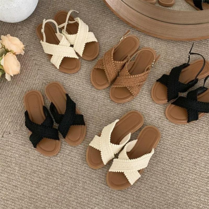 2026 Fashion Women Sandals Ladies Flat Roma Heels Knitted Summer Sandals Outside Cross Tied Leather Female Slides Woman Sandals