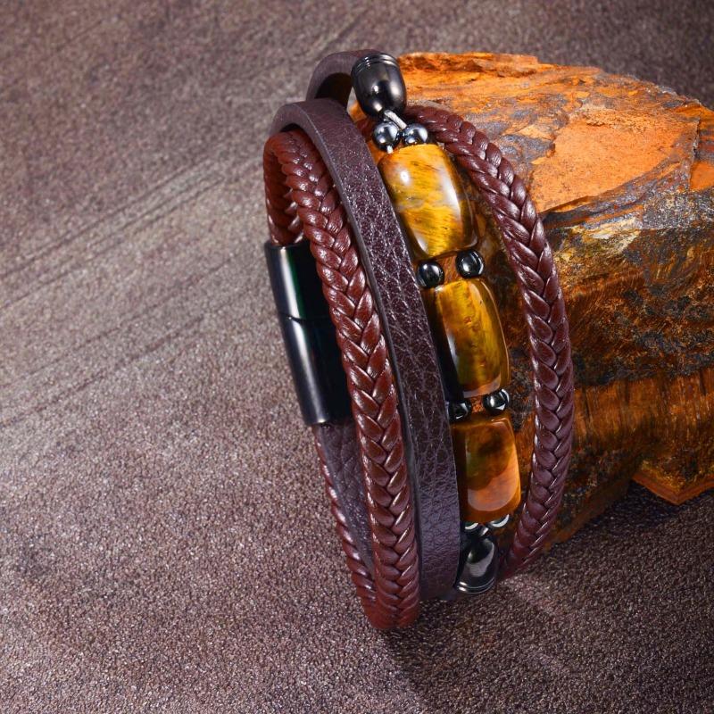 Tiger-eye Stone Bracelet - Multi-layered Woven Leather Rope, Fashionable, Unique, Versatile Leather Bracelet