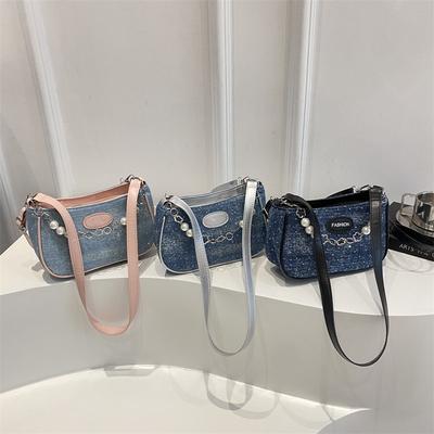 Džínová populární nová móda jednoduchá perlová řetízková crossbody taška přes rameno do podpaží malá čtvercová taška