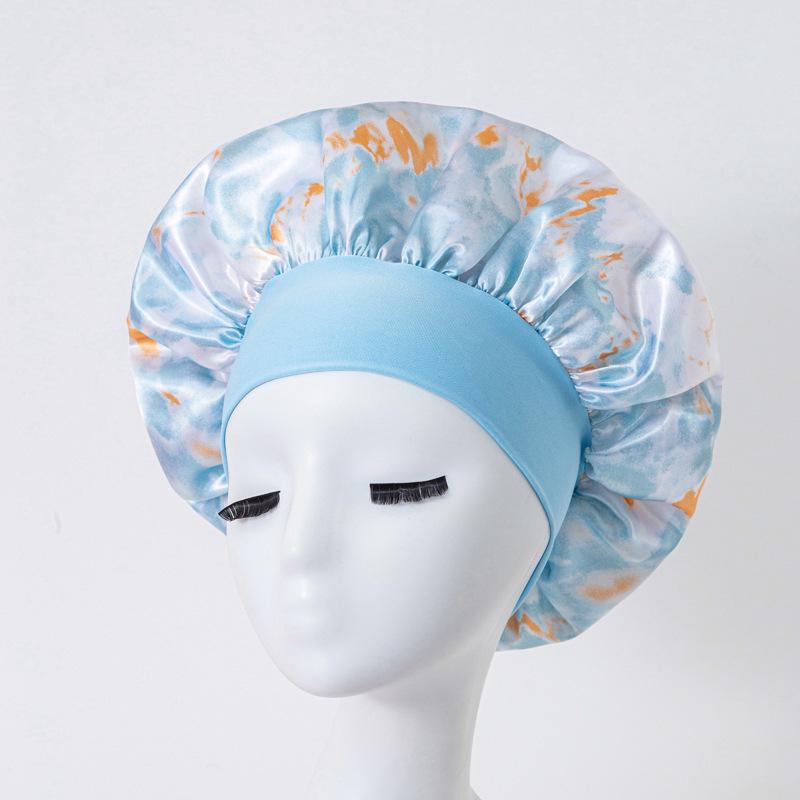 European American Print Satin Sleep Cap - Wide Brim Silky Hair Protection Hat for Women