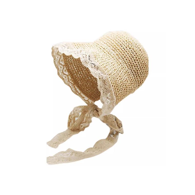 Women's Summer Crochet Straw Hat Wide Brim Ribbon Lace Edge Sun Hat Outdoor Seaside Foldable Sunshade Hat