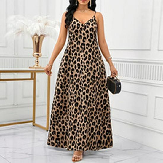 Trendy 2025 Women's Leopard & Butterfly Print Spaghetti Strap V-Neck Maxi Dress