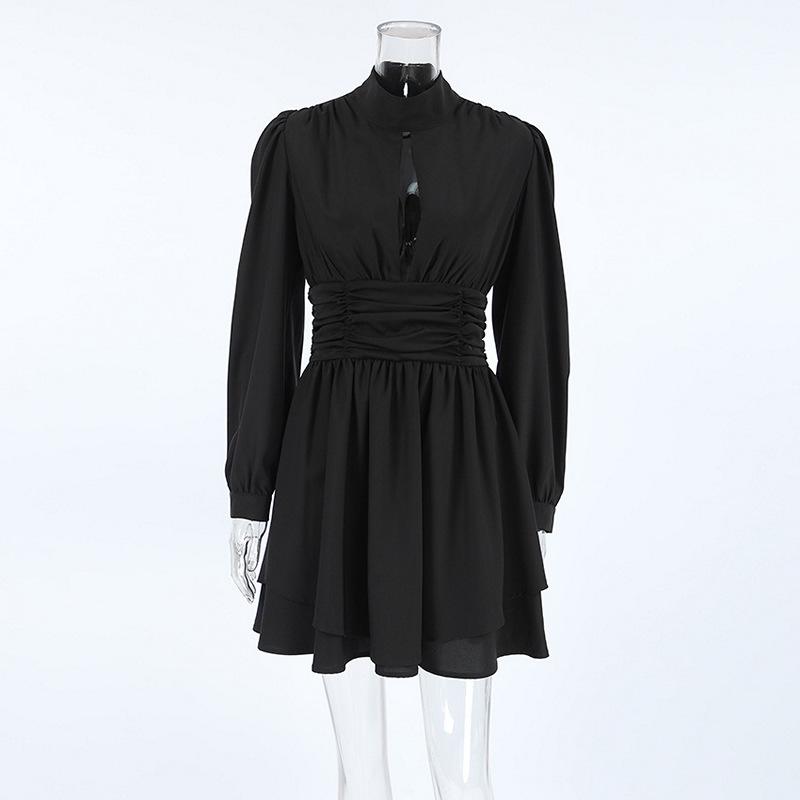 European and American Chiffon New High Neck Long Sleeve High Waist A-Line Dress Fashion Short Dress for Women
