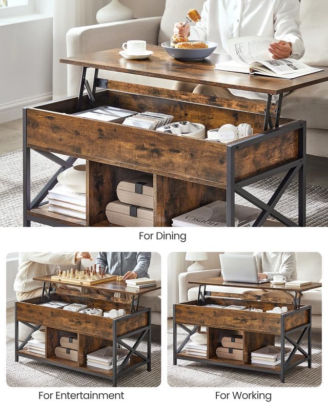 VASAGLE Lift Top Coffee Table, Lift Coffee Table with Storage Shelf, Hidden Compartments and Lifting Top, for Living Room, Office