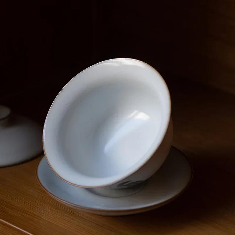 Traditional Ru Kiln Ceramic Tea Tureen Bowl Handmade Cat Pattern Teacup Travel Portable Gaiwan Home Tea Set Drinkware 160ml