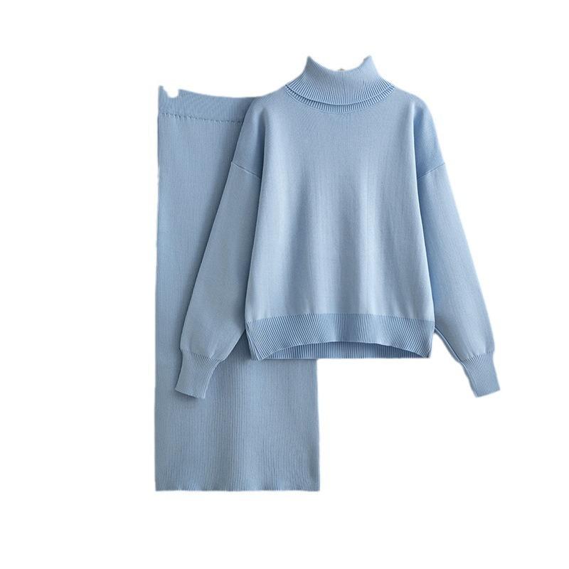 Knitted suit women's new autumn and winter new solid color turtleneck sweater half-body hip skirt two-piece set