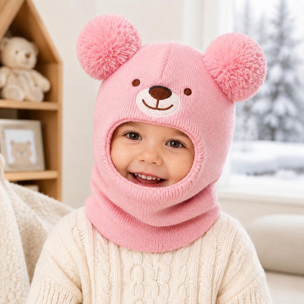 Cartoon Bear Kids Winter Hat Double Pom Poms Bear Headscarves  Winter Wear