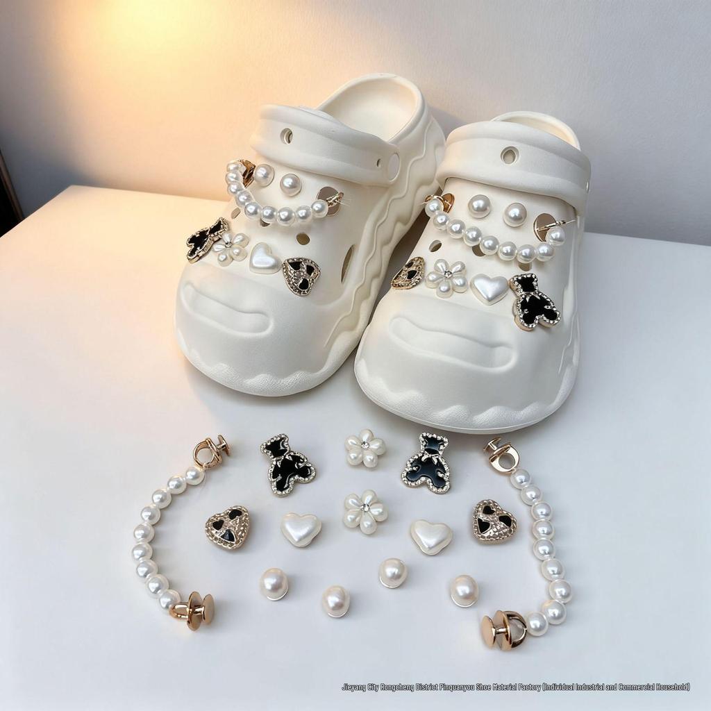 Coco Style Pearl Chain Shoe Decoration Set with Removable Flower Buckles