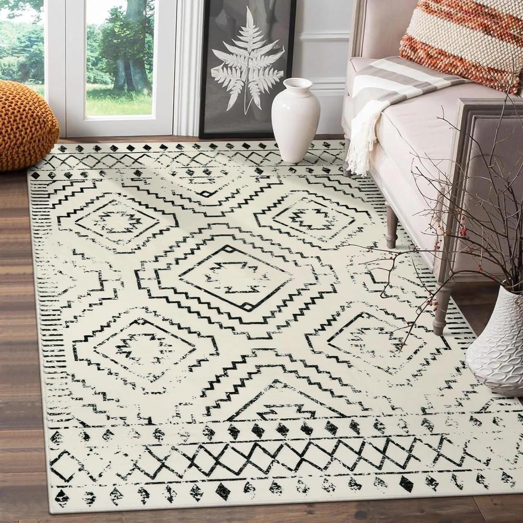 Moroccan Style Carpet for Living Room Retro Washable Farmhouse Bedroom Black Boho Non-Slip Floor Mat Soft Rug for Kitchen Entry