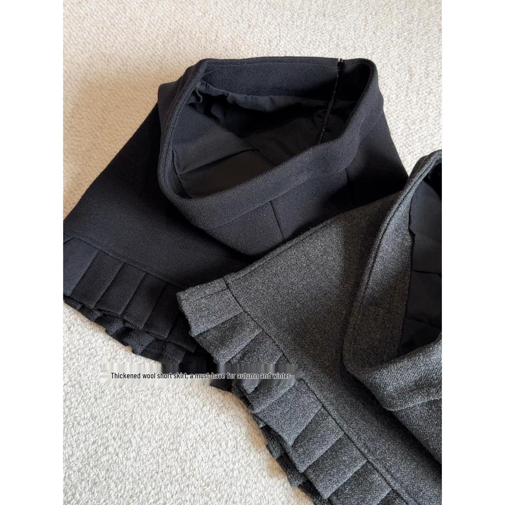 Plus Size Grey Pleated Wool A-Line Mini Skirt for Spring/Autumn