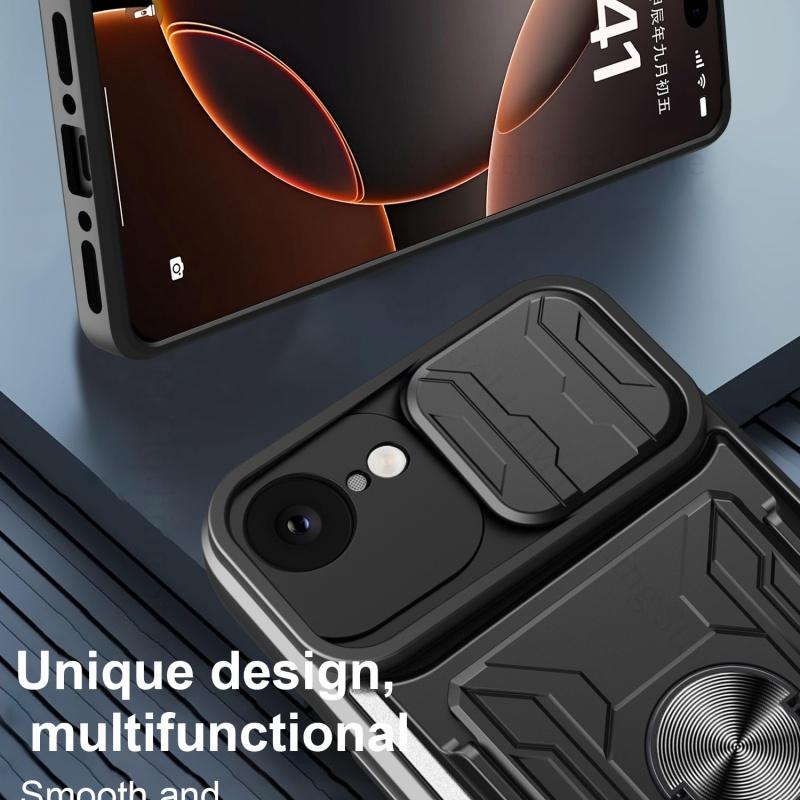 Push Window Card Slot Phone Armor Case For iPhone 16e SE4 20205 Heavy Duty Slide Lens Protector Ring Holder Stand Cover For Apple 16 15 14 13 Pro Max