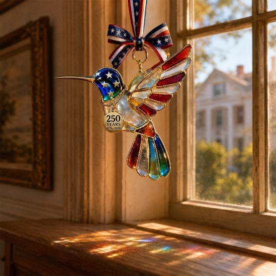Yousheng Independence Day Patriotic Hanging Decoration, Butterfly Hummingbird Cat Bell Ornament for 4th of July, USA 250th Anniversary Stained Glass