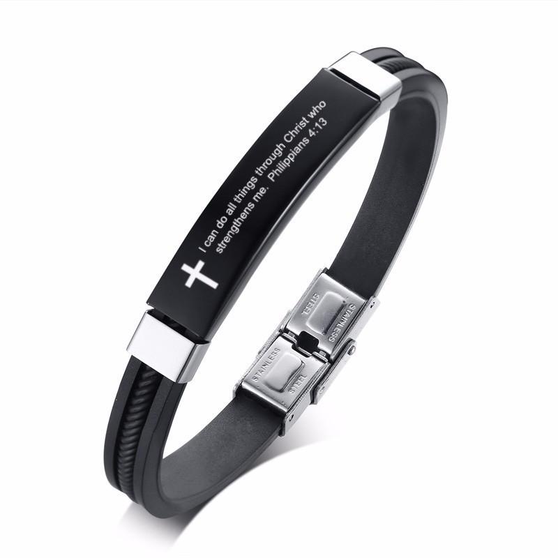 Vnox Cross Bible Verse Quotes Bracelets for Men Soft Silicone Bangle Comfort Wear Male Jesus Christ Faith Prayer Pulseira