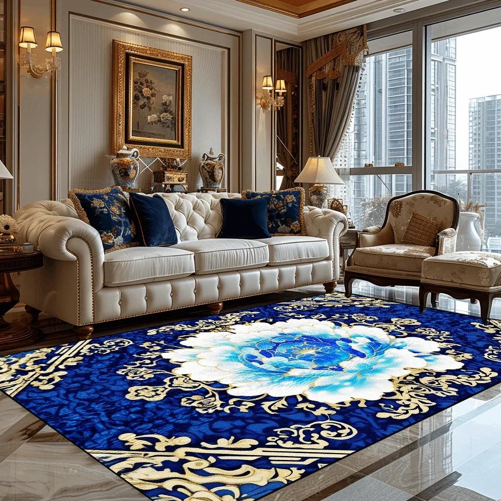 Deluxe European Style Carpet for Living Room Blue Home Decor Bedroom Tea Table Soft Rug Washable Short Plush Lounge Floor Mats