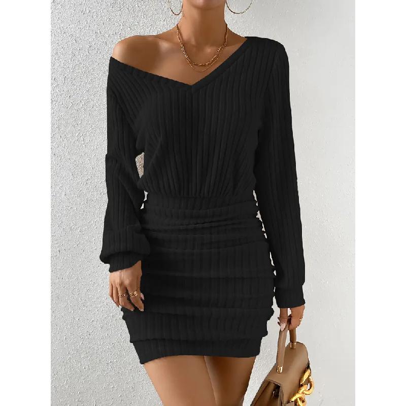 2026 Fall/Winter New Women s Brushed Ribbed V-Neck Long Sleeve Waist-Cinching Bodycon Dress S чёрный