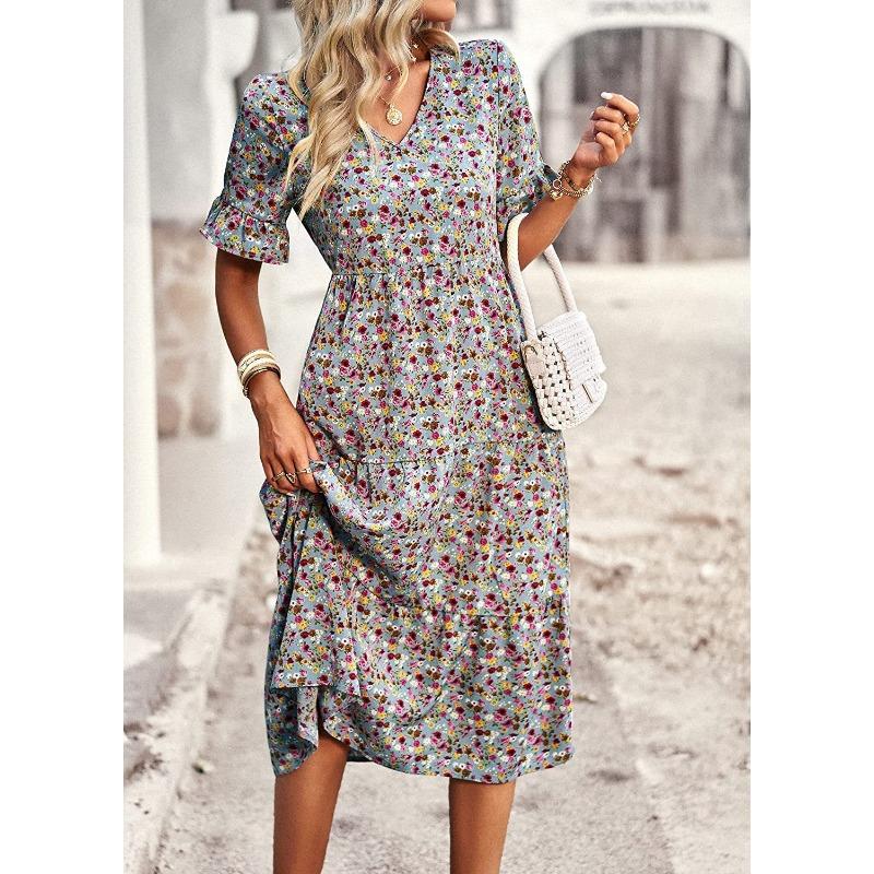 V-neck Short Sleeve Floral Printed Dress Summer Fashion Elegant Loose Long A-line Party Dresses Casual Bohemian Beach Slim Fit Elegant Clothing
