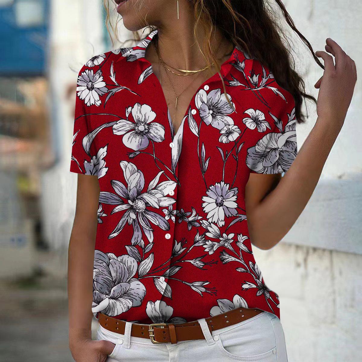 

2025 Summer New Fashion Women s Flower Printed Short Sleeve V-neck Casual Button-down Shirt Top 8XL червоний
