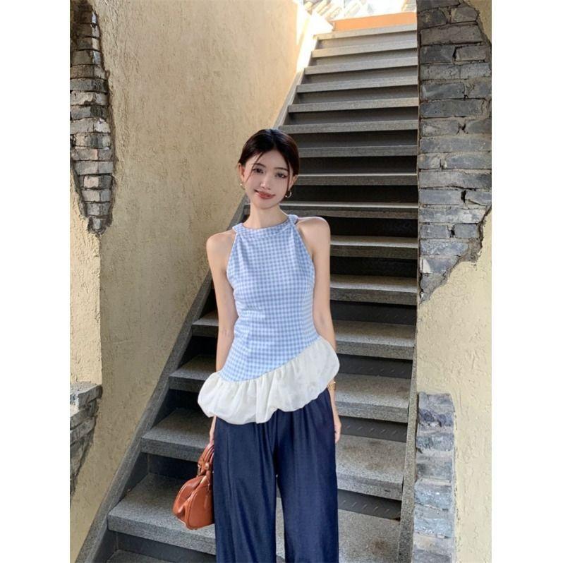 New Niche Slim-fit Spice Girl Plaid Top Design Sense Irregular Splicing Sleeveless Sling Vest Women's Summer