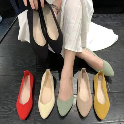 Modische Damen-Ballerinas, Strick-Freizeitschuhe, Slip-on, süße Ballerina-Spitzenschuhe, nicht lässig, Leder, ohne Absatz, bequem