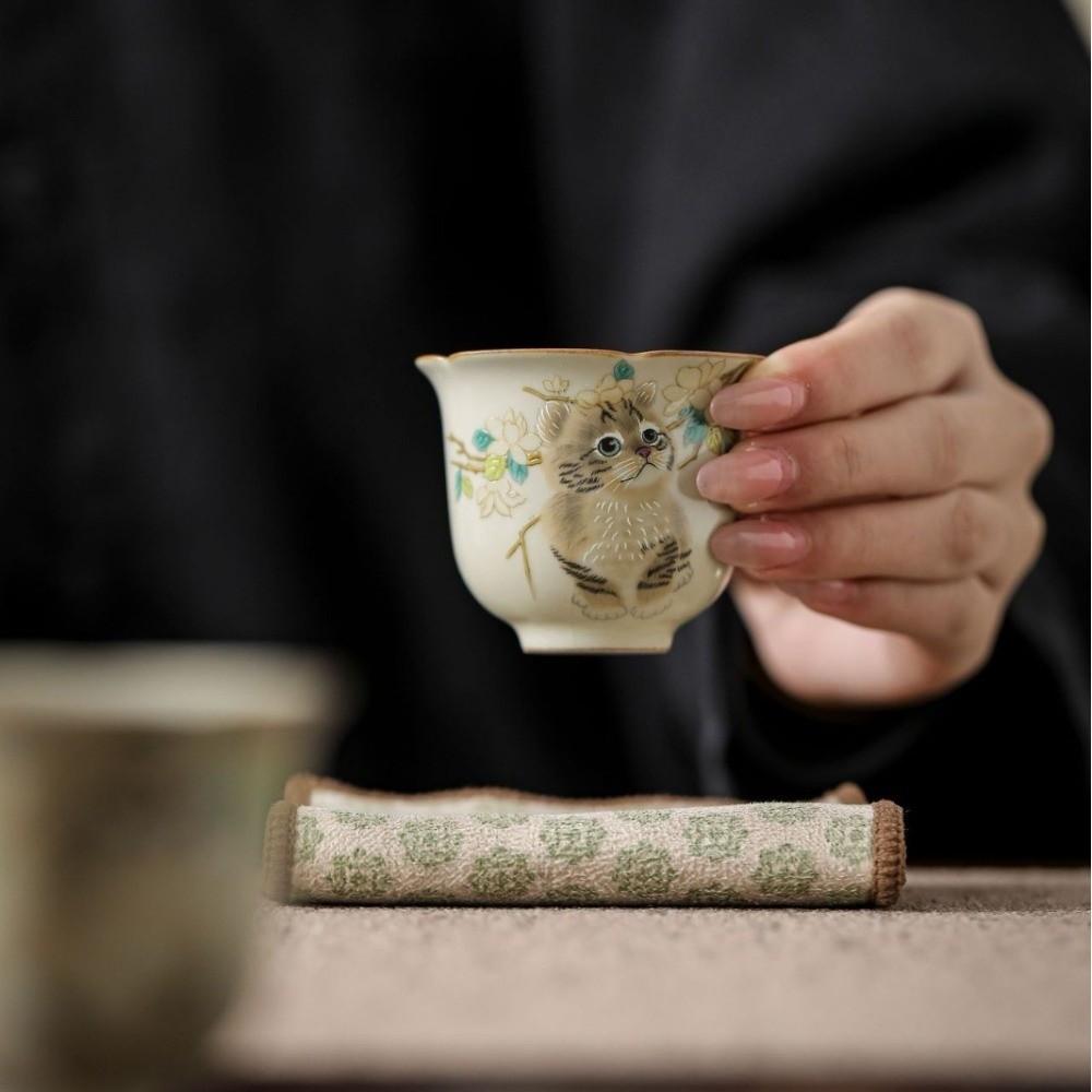 Ceramic Ru Kiln Gaiwan Chinese Style Hand Grasping Tea Maker Cute Cat Tea Tureen  Tea Ceremony