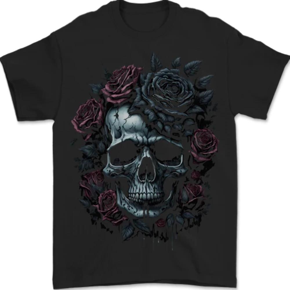 A Gothic Skull With Flowers Roses Goth Mens T-Shirt 100% Cotton 2XL