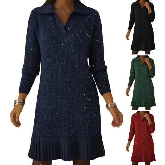Women Knit Mini Fall Sweater Dress Sparkly Long Sleeve Lapel V Neck Dress Casual Ribbed Pullover Pleated Swing Dress