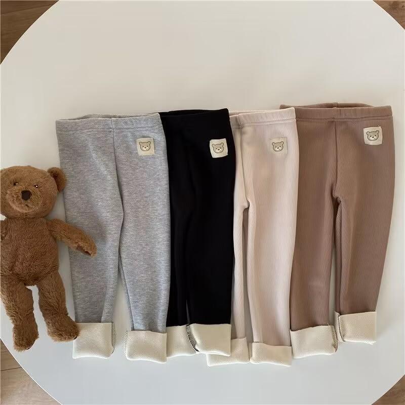 Autumn Winter Children's One-piece Velvet Bottoming Pants Boys Girls Baby Padded Warm Cartoon Elastic Foot Pants Pants