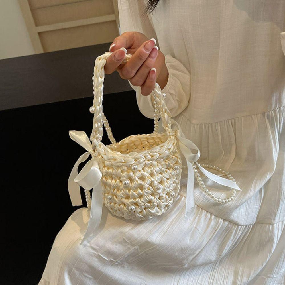 

Bow Pearl Shoulder Bag Solid Color Beach Handbag Sweet Weave Bag Summer бежевий
