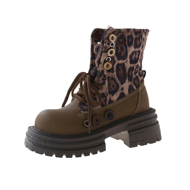 Real Soft Leather Thick-soled Martin Boots Women's 2025 Autumn and Winter New Leopard Print Locomotive Boots Velvet Short Boots Retro Slim Women's B
