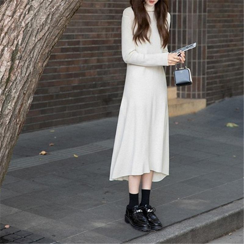 Solid color versatile turtleneck knitted dress women's autumn and winter new medium and long loose inner bottom sweater skirt
