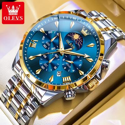 Orologio Cronografo al Quarzo Originale da Uomo Fasi Lunari Acciaio Inossidabile Impermeabile Orologio da Uomo Data Moda Orologio da Polso