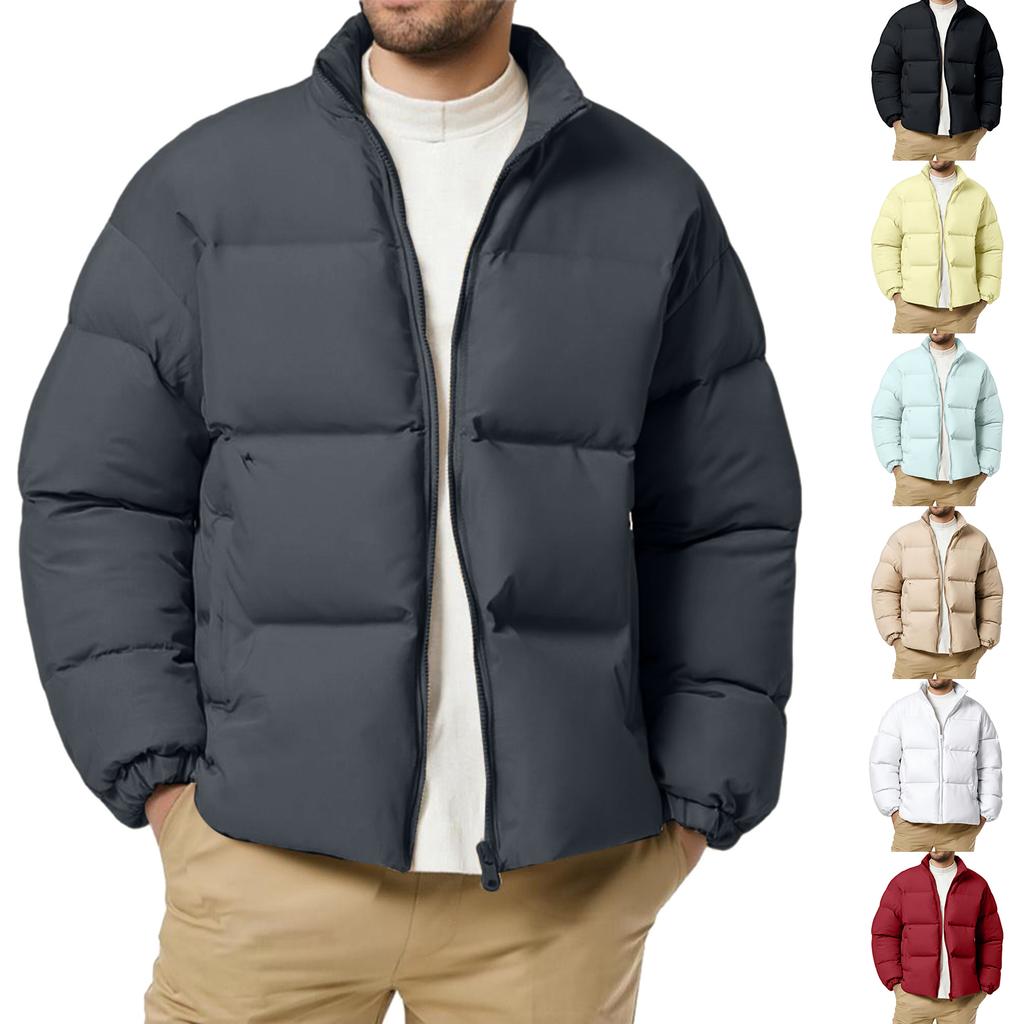 Herren Freizeit einfarbig langärmelig Reißverschluss Baumwolljacke, Herren verdickt warm Stehkragen locker Brotjacke