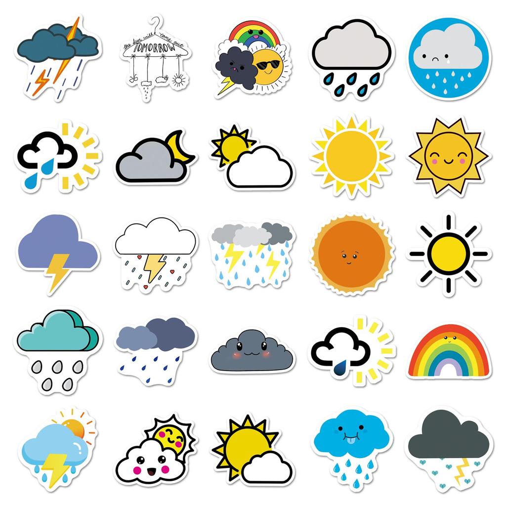 50 Weather Doodle Cartoon Stickers: Waterproof, DIY Rewards for Kids' Water Bottles & Suitcases