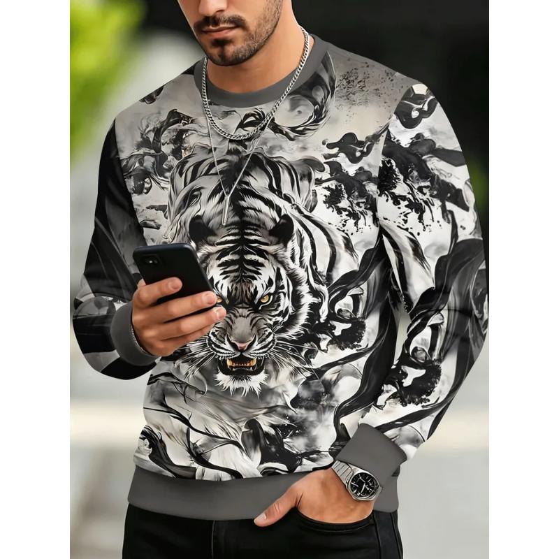 Fashion Men's Crew Neck Long Sleeve 3D Casual Color Printing Casual Long Sleeve Crew Neck T-Shirt