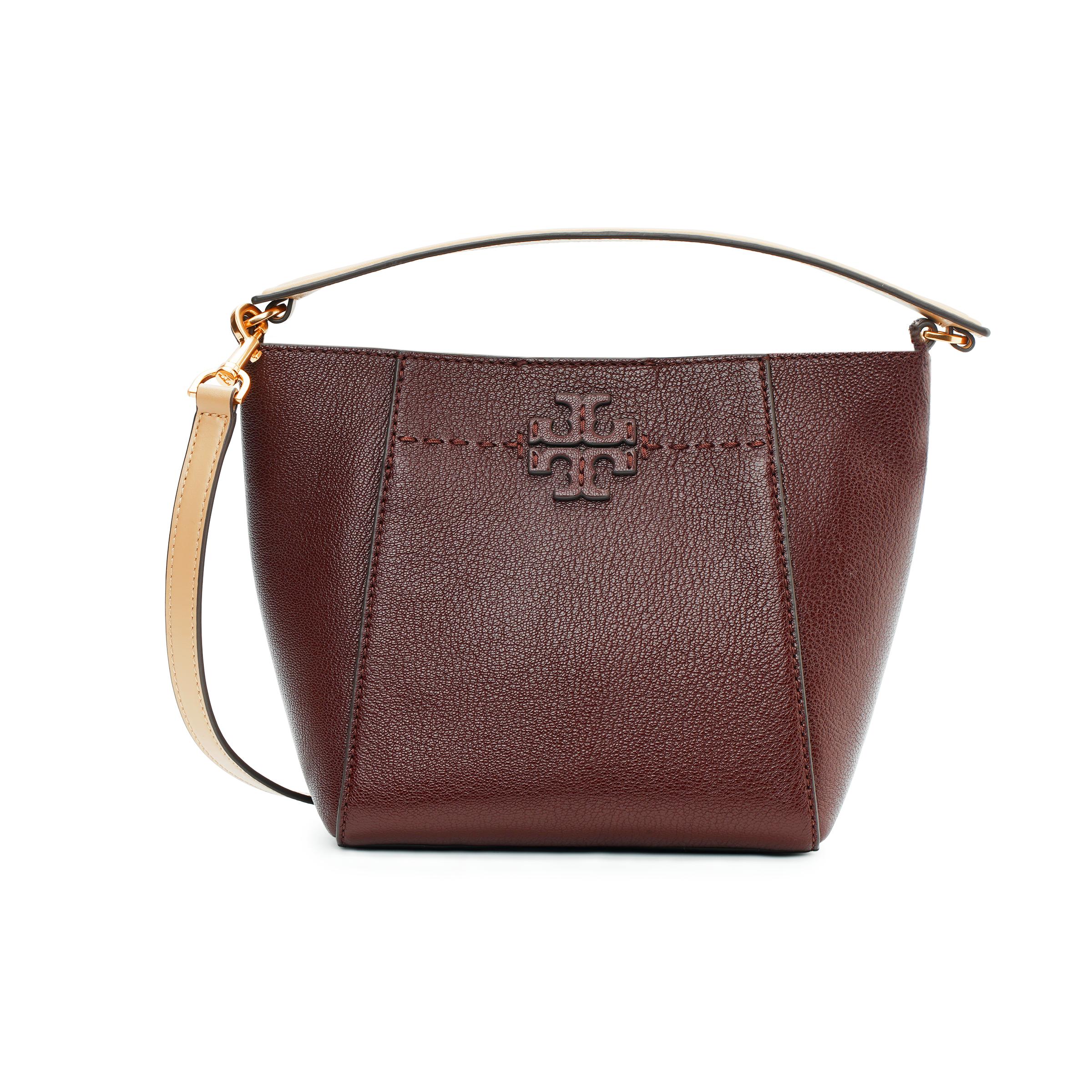 

Tory Burch Mcgraw Solid Double T Logo Stitching Pebbled Leather Bucket Bag Women handbags Burgundy 152232-500 Basic Set (Bag+Dust Bag)