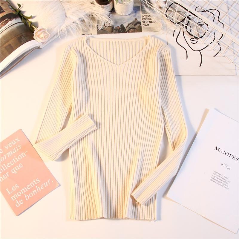 Autumn and Winter V-neck Knitted Sweater for Women Fashion Slim Fit Long Sleeve Base Pullover Sweaters Tops Ladies Elegant Solid Woman Knitwear 24978