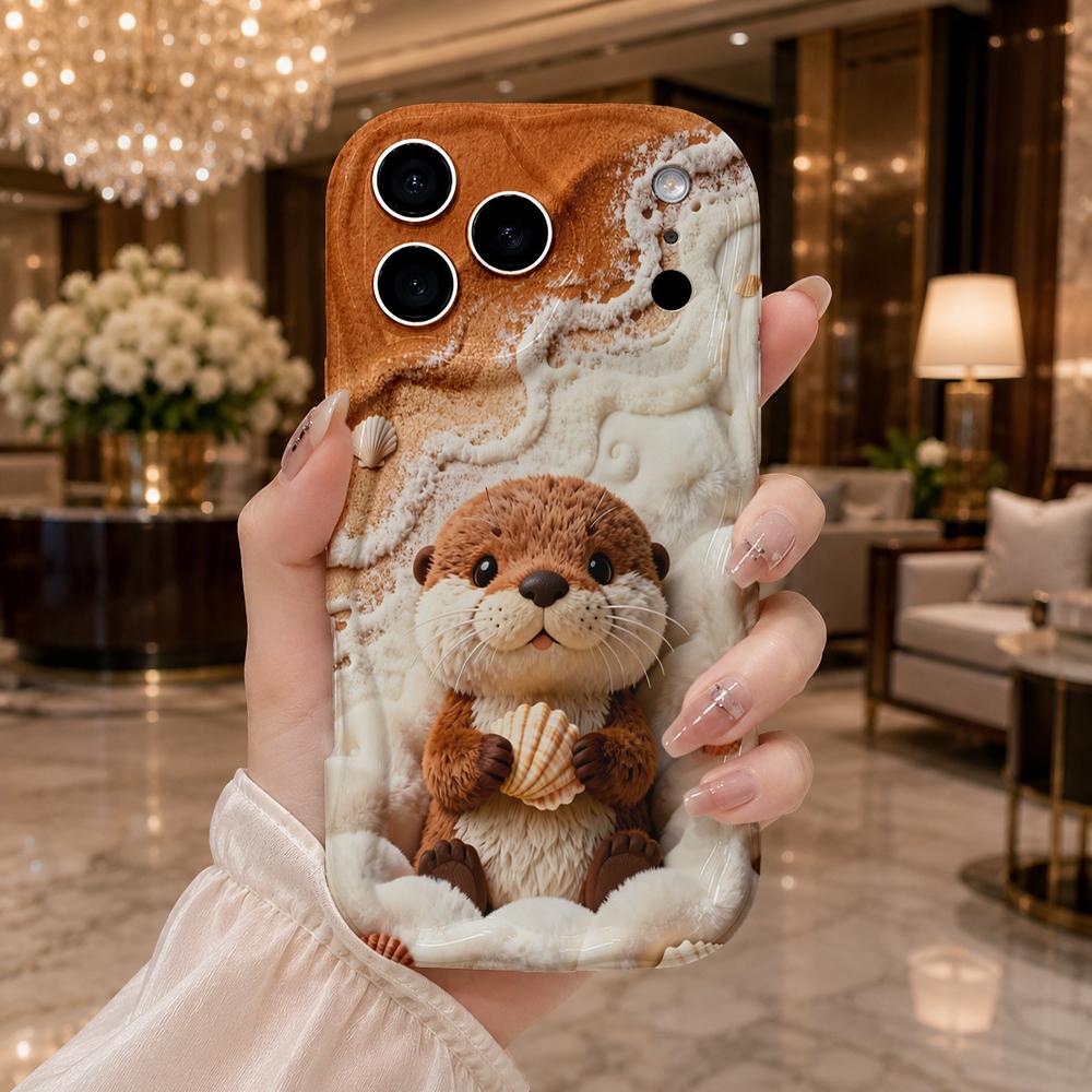 Fluffy Otter Beach Shell Wavy Edge Phone Case For iPhone 17 16 15 14 13 12 11 8 7 Plus Pro Max Cute Animal Soft Cover