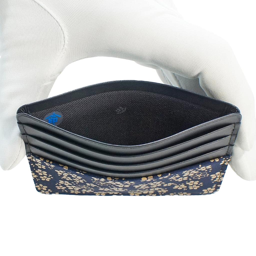 Indenya Slim Card Case, Thin, Deerskin Leather, Navy Blue with White Lacquer, Forget-me-not Pattern, 2530-14-181