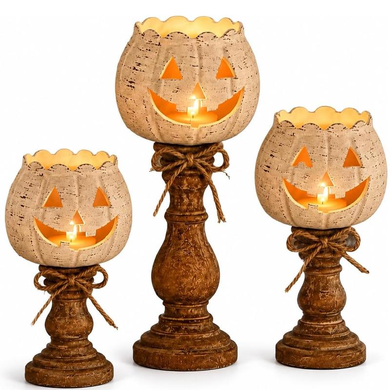 Vintage Distressed Pumpkin Tea Light Candle Holder Set Rustic Farmhouse Halloween Table Decor for Home Party Holiday Mantel