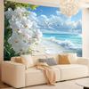 Tropical Beach Tapestry, White Orchids And Seagulls Print, Scenic Wall Art For Home Dorm Background