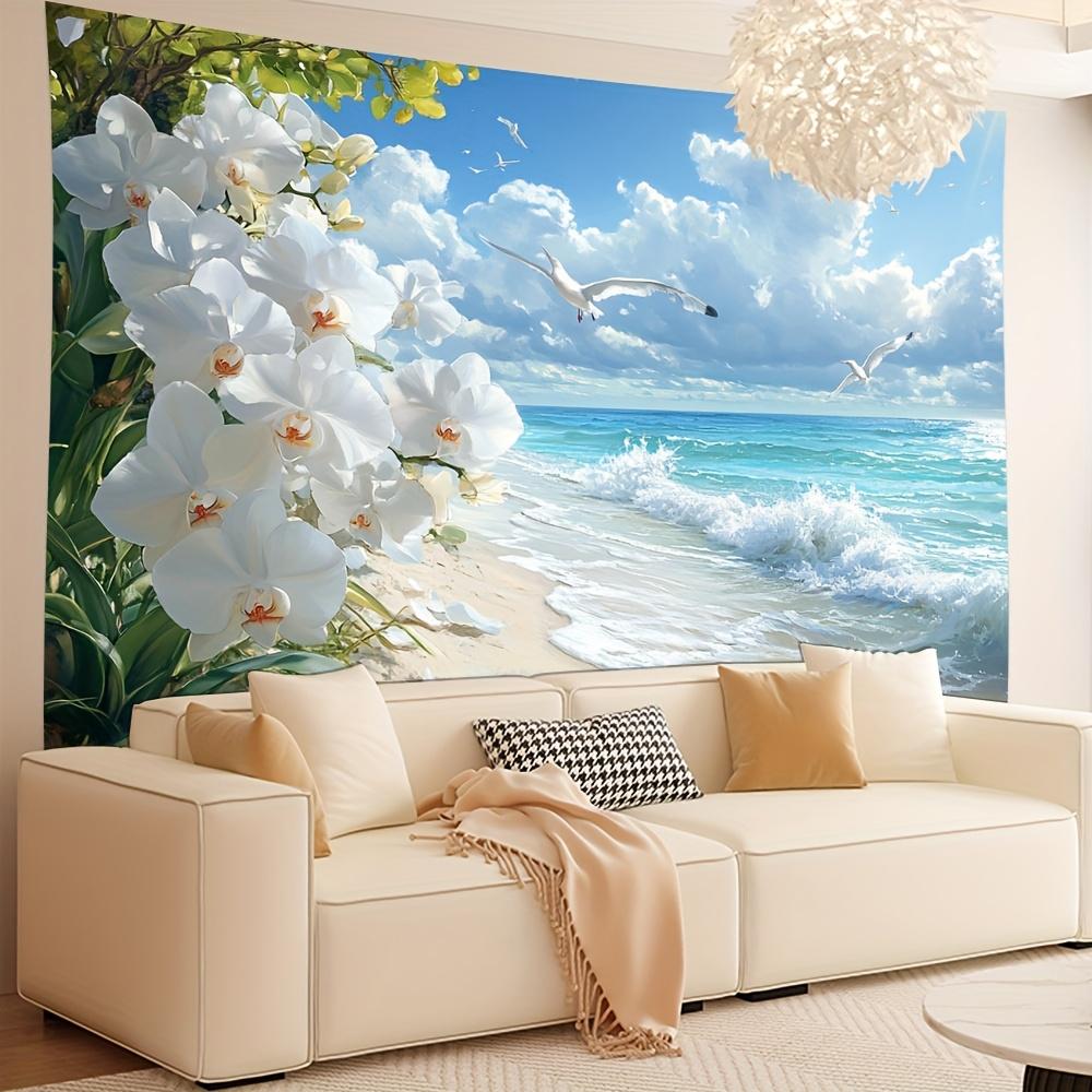 Tropical Beach Tapestry, White Orchids And Seagulls Print, Scenic Wall Art For Home Dorm Background