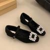 Gray Fuzzy Mary Jane Shoes Square Toe Rhinestone Mid Heel Pumps Plush Warm Chunky Heeled Shoes Elegant Zapatos De Mujer