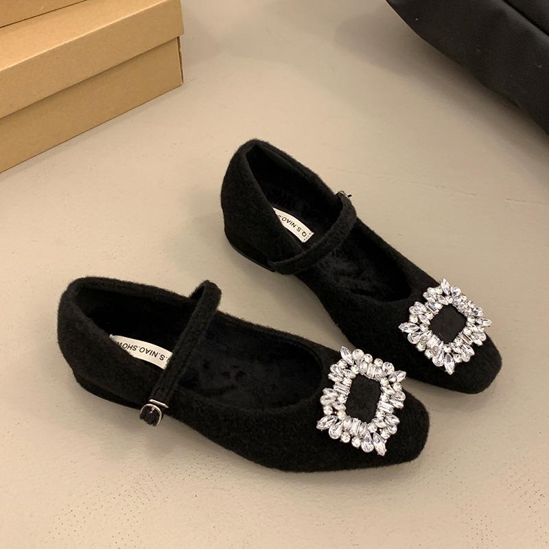 Gray Fuzzy Mary Jane Shoes Square Toe Rhinestone Mid Heel Pumps Plush Warm Chunky Heeled Shoes Elegant Zapatos De Mujer