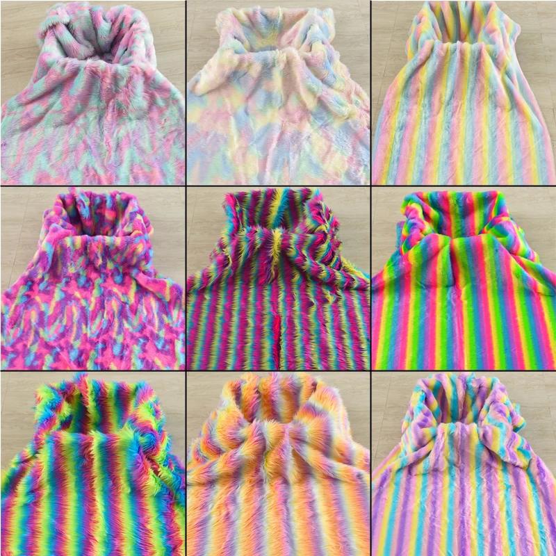 Wide 160cm Faux Fur Long Pile Shaggy Rainbow Wave Immitated Fox Fur Fabric Decoration Background, for DIY Plush Toy Fur Material