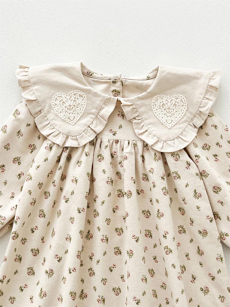 Lapel Printed Lace Girls Dress Long Sleeve Sweet Children Princess Dress