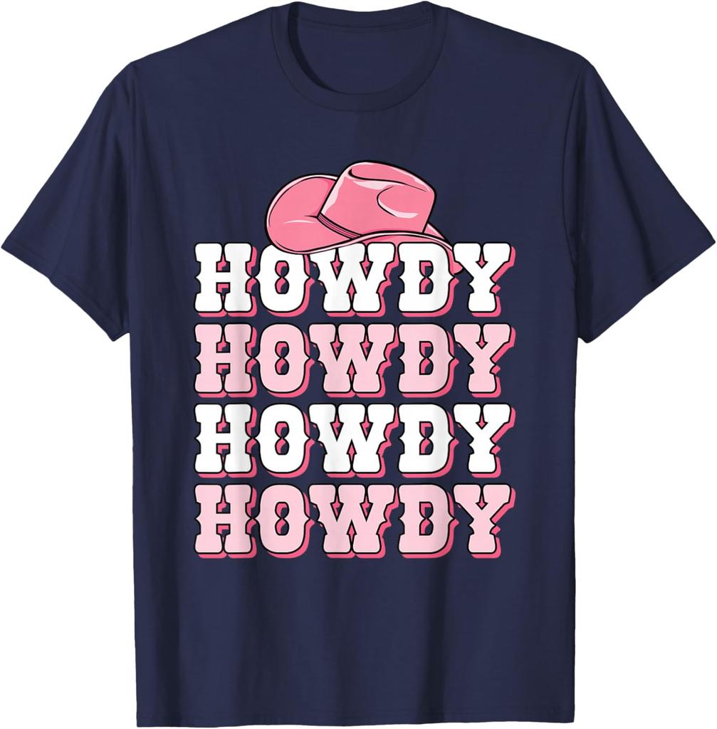 Howdy Pink Cowboy Hat Western Graphic Tee Soft Breathable Casual T-Shirt for Women