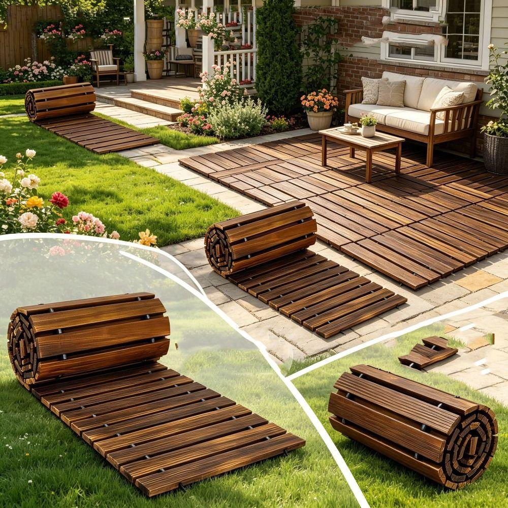 Weather-Resistant Wooden Garden Pathway Roll Out Non-Slip Roll Out Walkway Hardwood Pavers Curved Walkway Outdoor Walkway Mat