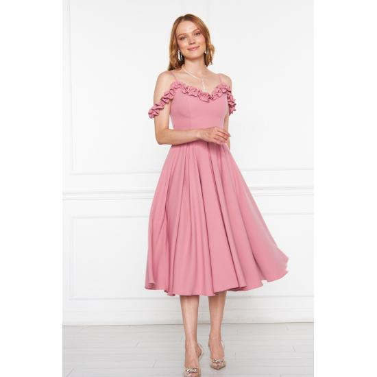 Women's Adjustable Strap Ruffle Detailed Collar Pleated Flared Midi Evening Dress