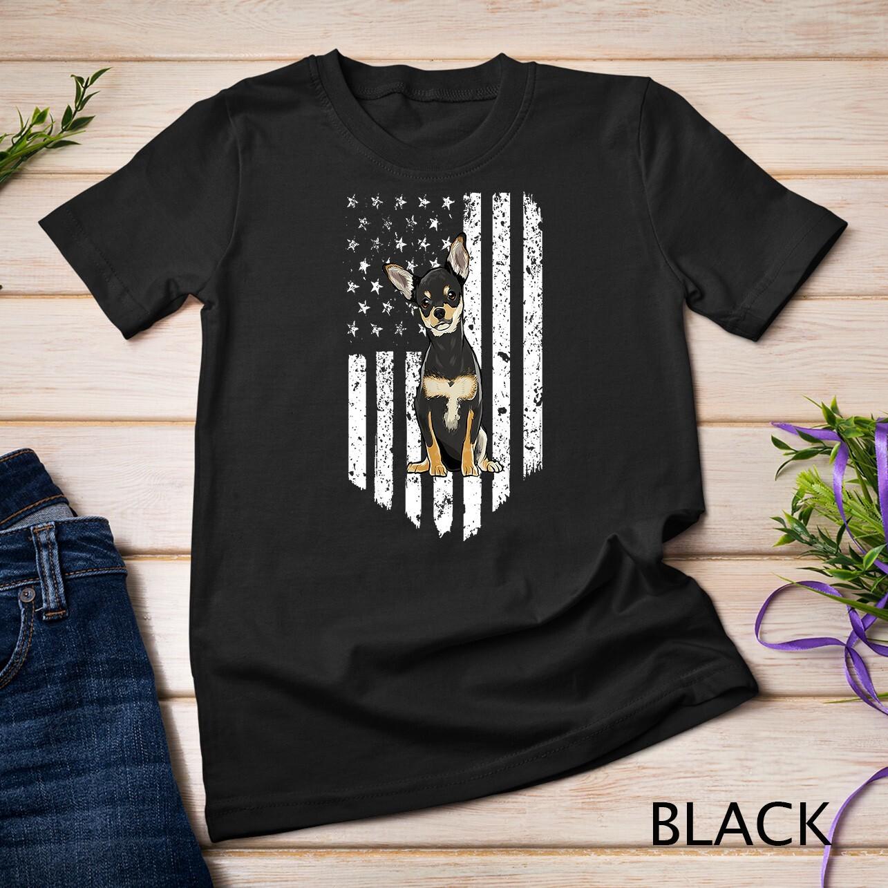 Black White American Flag Black Chihuahua 4th Of July USA Unisex T-Shirt Mens Womens Tees Top L